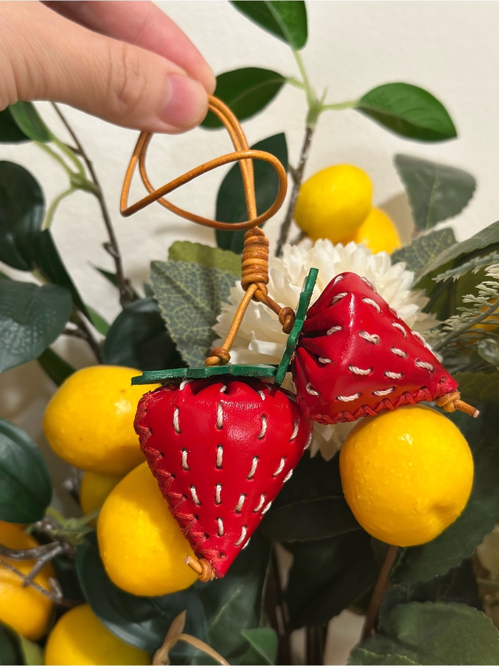 Handcrafted Red Strawberry Leather Keychain Bag Charm